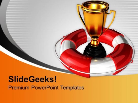 Golden Trophy With Lifeguard Savings PowerPoint Templates Ppt Backgrounds For Slides 0213