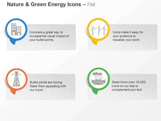 Green Energy Icons With Windmill Towers And Building Ppt Slides Graphics