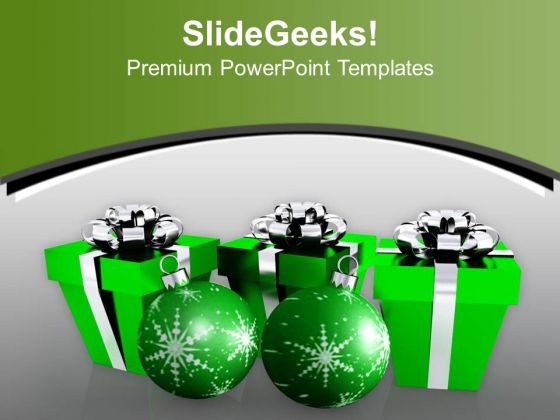 Green Gift Boxes With Balls Christmas PowerPoint Templates Ppt Backgrounds For Slides 1212