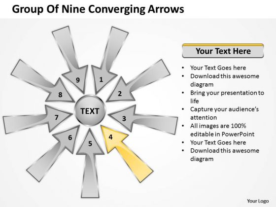 Group Of Nine Coverging Arrows Cycle Process Network PowerPoint Slide