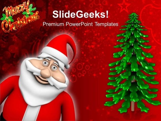 Happy Santa Claus With Tree Christmas Events PowerPoint Templates Ppt Backgrounds For Slides 1212