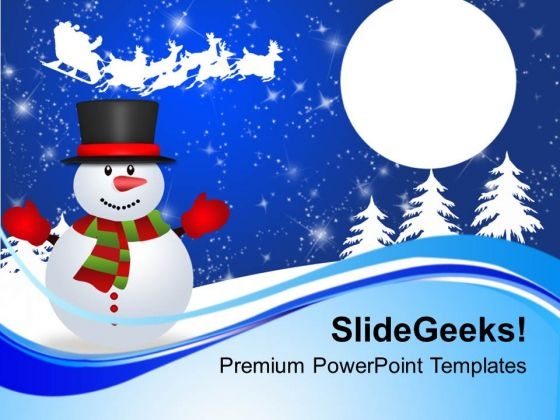 Happy Snowman Waving To Santa Sleigh Holidays PowerPoint Templates Ppt Backgrounds For Slides 1112