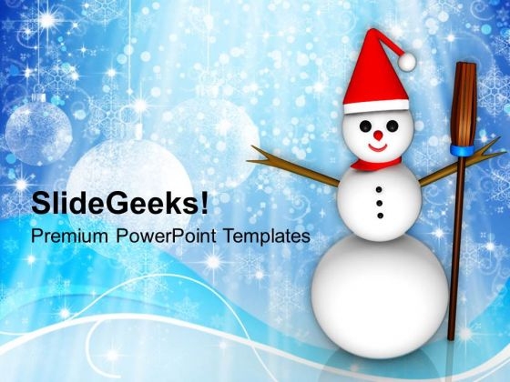Happy Snowman With Broom Winter Holidays PowerPoint Templates Ppt Backgrounds For Slides 1112