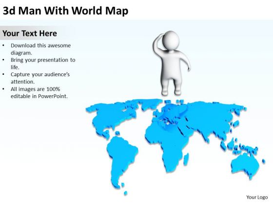 How To Draw Business Process Diagram 3d Man With World Map PowerPoint Slides