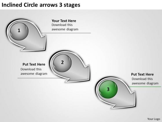 Inclined Circle Arrows 3 Stages Manufacturing Process Flow Chart PowerPoint Templates