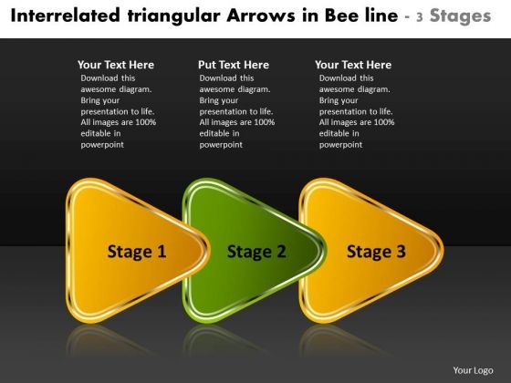 Interrelated Triangular Arrows Bee Line 3 Stages Customer Tech Support PowerPoint Slides