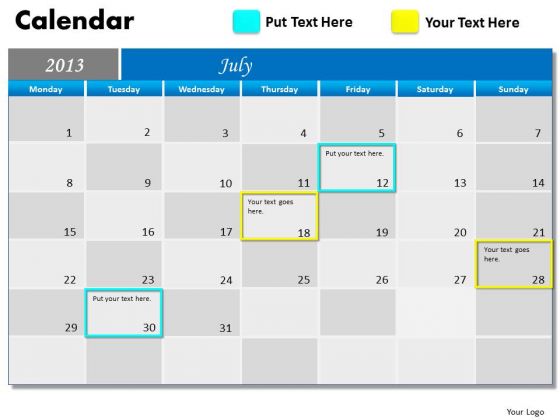 July 2013 Calendar PowerPoint Slides Ppt Templates