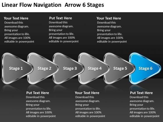 Linear Flow Navigation Arrow 6 Stages Ppt Open Source Flowchart PowerPoint Templates
