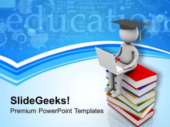 Man Sitting On Books With Laptop PowerPoint Templates Ppt Backgrounds For Slides 0813