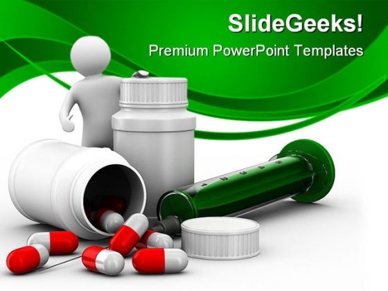 Man With Bottle For Tablets Medical PowerPoint Themes And PowerPoint Slides 0411