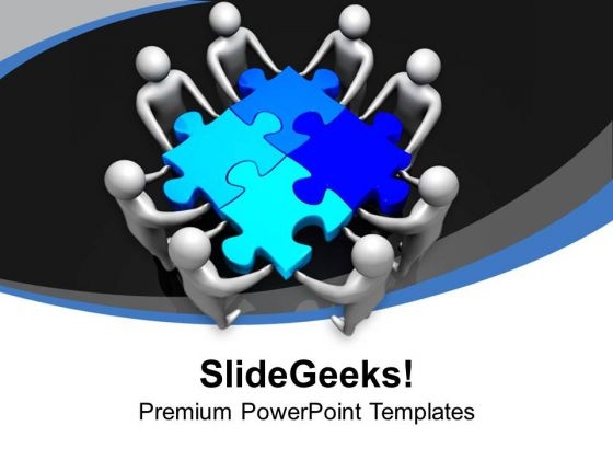 Men Holding Blue Puzzles Solution Teamwork PowerPoint Templates Ppt Backgrounds For Slides 0313