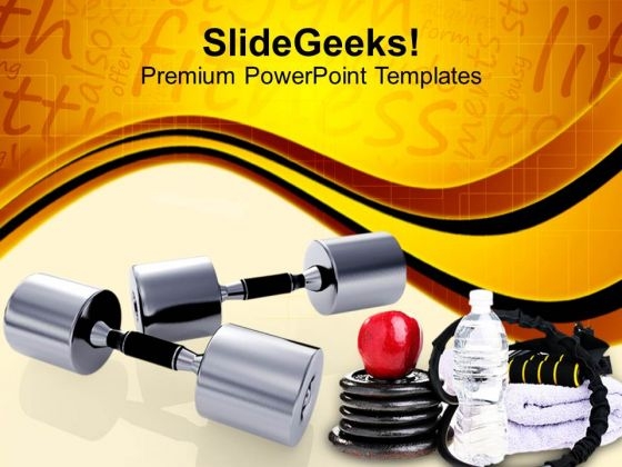 Metallic Dumbbells Body Fitness Material PowerPoint Templates Ppt Backgrounds For Slides 0113