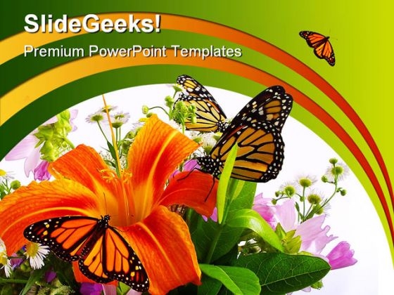 Monarchs On Flowers Beauty PowerPoint Template 0910