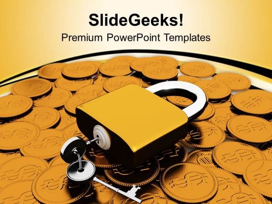 Padlock And Coins Financial Security PowerPoint Templates Ppt Backgrounds For Slides 0113