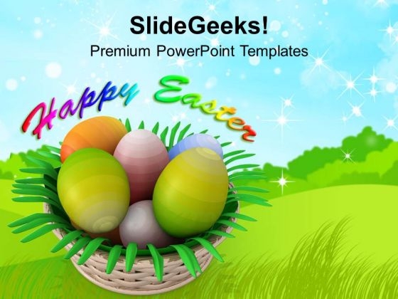Painted Eggs In Basket Happy Easter PowerPoint Templates Ppt Backgrounds For Slides 0313