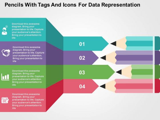 Pencils With Tags And Icons For Data Representation PowerPoint Template