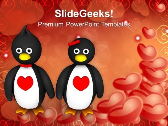 Penguin Couple Holding Hands Hearts Day PowerPoint Templates Ppt Backgrounds For Slides 0213