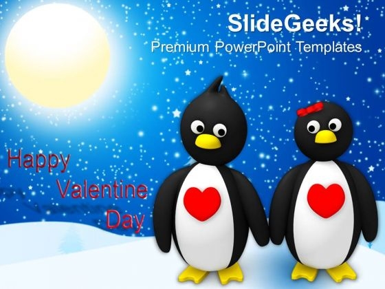 Penguin Couple Holding Hands Valentines Day PowerPoint Templates Ppt Backgrounds For Slides 0213