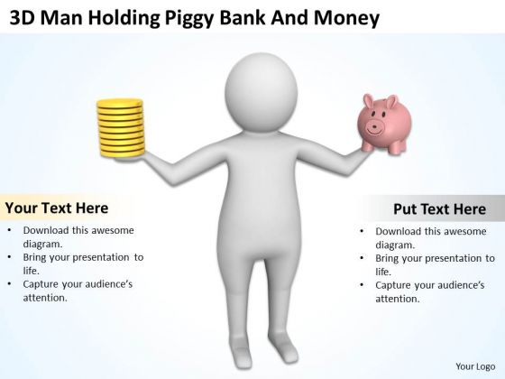 People Business 3d Man Holding Piggy Bank And Money PowerPoint Templates Ppt Backgrounds For Slides
