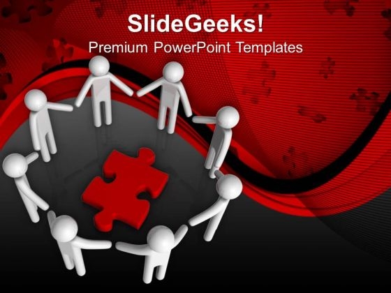 People In Circle Around Puzzle Piece Teamwork PowerPoint Templates And PowerPoint Themes 1012
