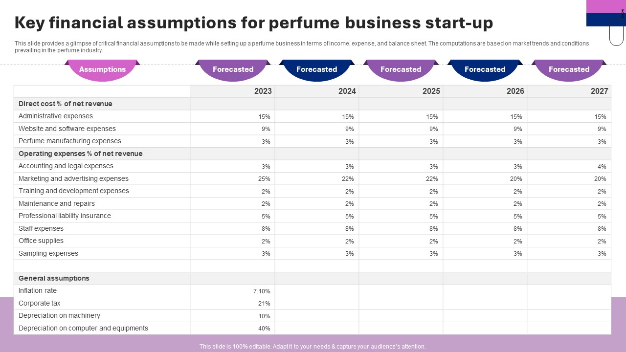 Perfume Manufacturing Business Plan Key Financial Assumptions For Perfume Business Start Up BP SS V