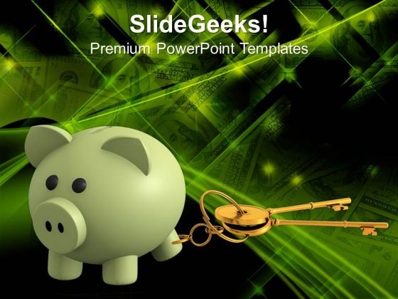 Piggy Bank Tied To Golden Keys Financial PowerPoint Templates Ppt Backgrounds For Slides 0213