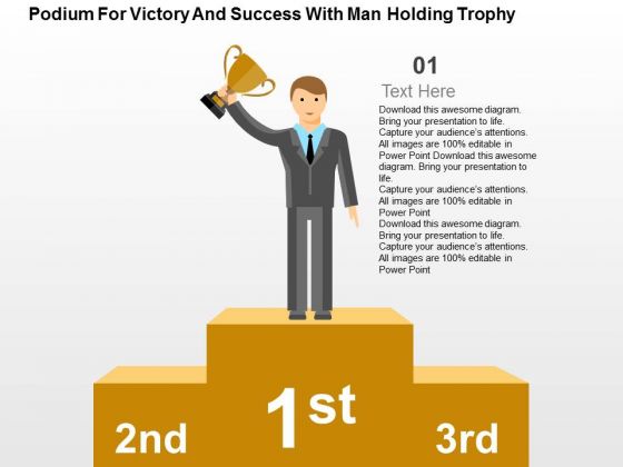 Podium For Victory And Success With Man Holding Trophy PowerPoint Template