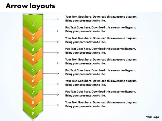 Ppt Go Green Layouts PowerPoint Free And Orange Arrow 9 Stages Templates