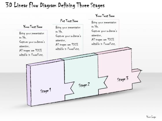 Ppt Slide 3d Linear Flow Diagram Defining Three Stages Marketing Plan