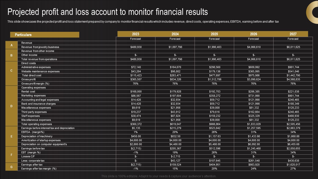 Projected Profit And Loss Account To Monitor Financial Results Jewelry Business Plan Microsoft Pdf