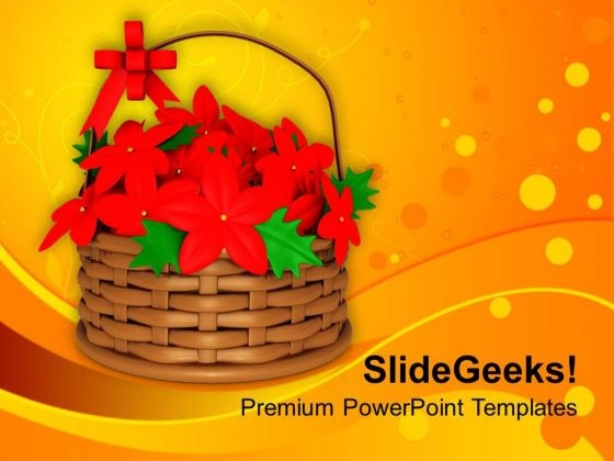 Red Flower Basket On Golden Background PowerPoint Templates Ppt Backgrounds For Slides 1212