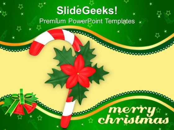 Red Single Candy Cane With Red Flower Christmas PowerPoint Templates Ppt Backgrounds For Slides 1212