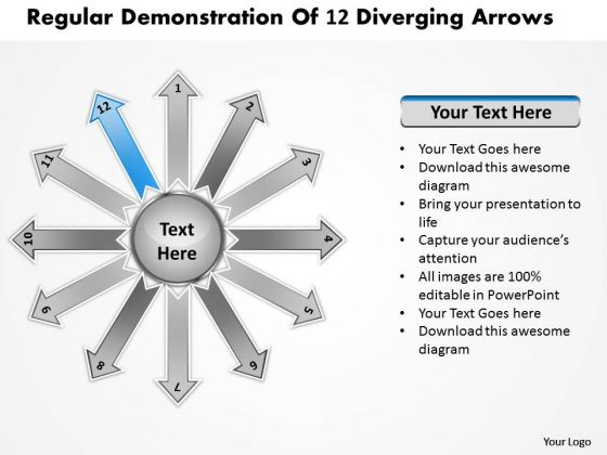 Regular Demonstration Of 12 Diverging Arrows Target Chart PowerPoint Templates