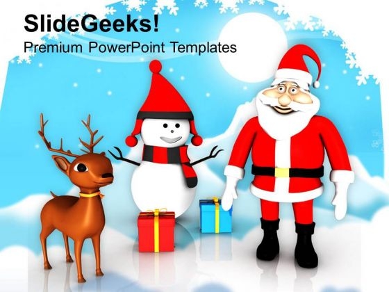 Santa And Snowman On Snowflakes Background PowerPoint Templates Ppt Backgrounds For Slides 1212