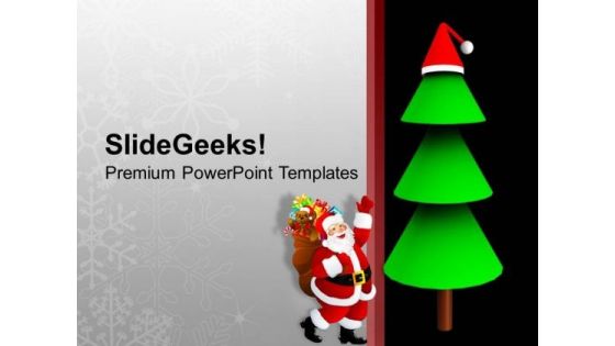 Santa Reaching Christmas Tree With Gifts PowerPoint Templates Ppt Backgrounds For Slides 1212