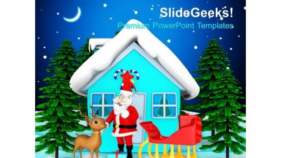 Santas House With Sleigh And Reindeer PowerPoint Templates Ppt Backgrounds For Slides 1212