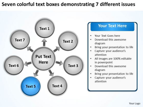 Seven Colorful Text Boxes Demonstrating 7 Different Issues Circular Gear Network PowerPoint Slides