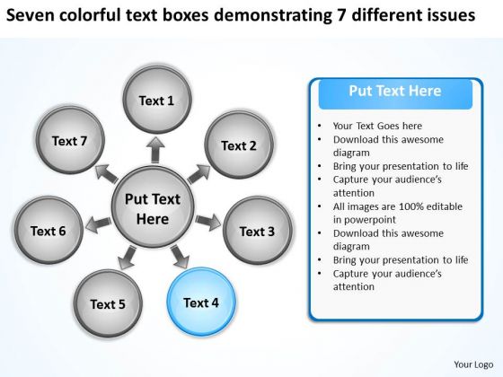 Seven Colorful Text Boxes Demonstrating 7 Different Issues Cycle Gear Network PowerPoint Slides