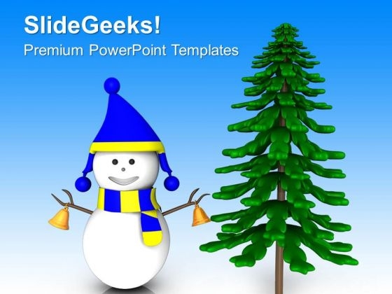 Slidegeeks Snowman In Blue Dress With Tree PowerPoint Templates Ppt Backgrounds For Slides 1212