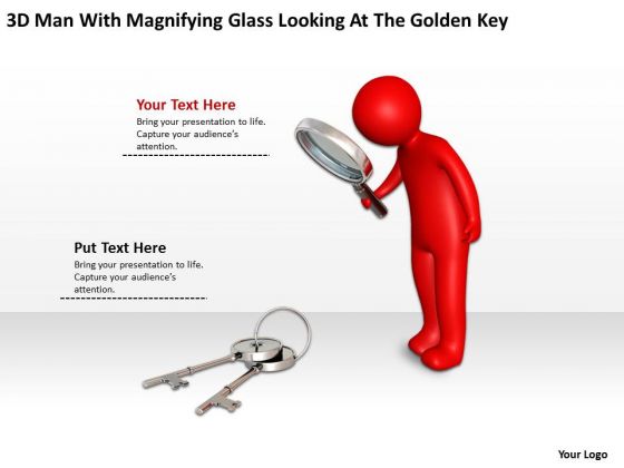 Small Business Network Diagram With Magnifying Glass Looking At The Golden Key PowerPoint Slides