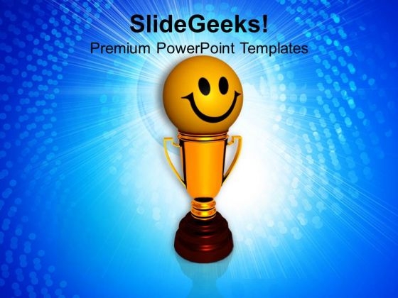 Smiley Face On Golden Trophy Winner PowerPoint Templates Ppt Backgrounds For Slides 0213