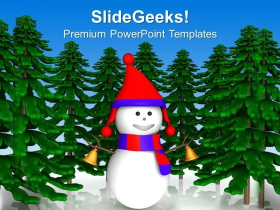 Snowman In Red Blue Dress With Trees PowerPoint Templates Ppt Backgrounds For Slides 1212