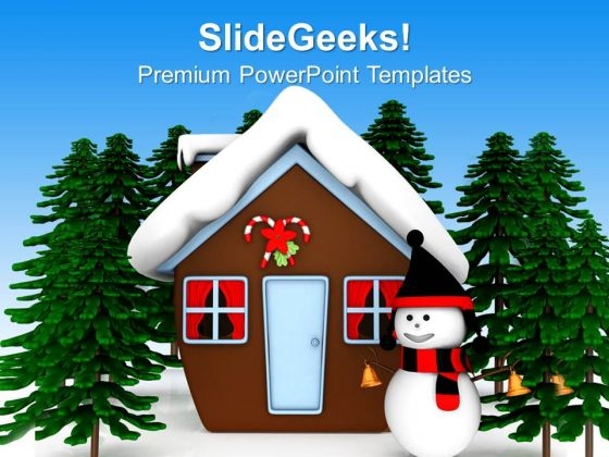 Snowman Standing Out Of The Hut Winter PowerPoint Templates Ppt Backgrounds For Slides 1212