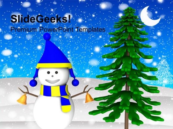 Snowman With Bells In Snowfall PowerPoint Templates Ppt Backgrounds For Slides 1212