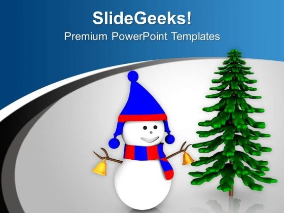 Snowman With Bells Wishing Merry Christmas PowerPoint Templates Ppt Backgrounds For Slides 0413