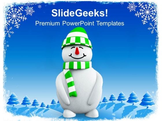 Snowman With Green Hat Christmas Cold Winter PowerPoint Templates Ppt Backgrounds For Slides 0113