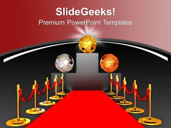 Soccer Balls On Podium And Red Carpet PowerPoint Templates Ppt Backgrounds For Slides 0713