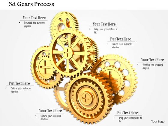 Stock Photo 3d Golden Gears For Process Control PowerPoint Slide