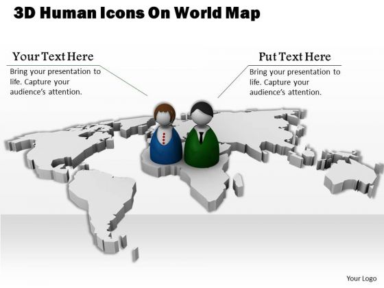 Stock Photo 3d Human Icons On World Map For Global Business Relation PowerPoint Slide