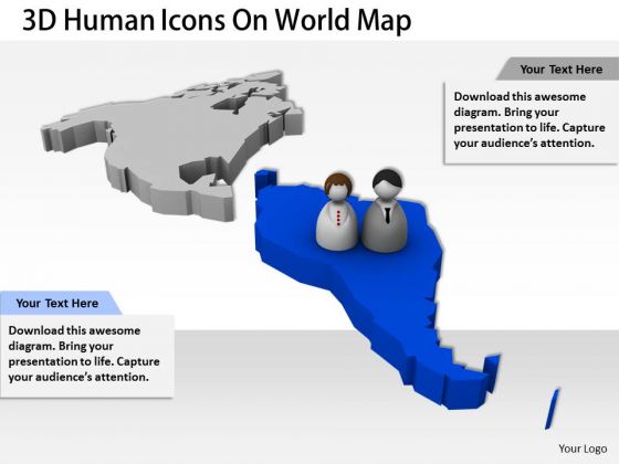 Stock Photo 3d Human Icons On World Map For Global Relationship PowerPoint Slide